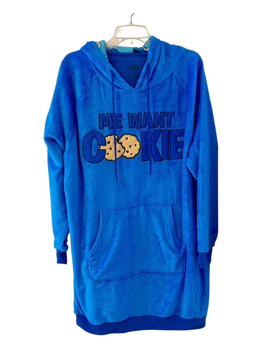 Sesame Street Royal Blue Plush Hoodie with “Me Want Cookie” Graphic